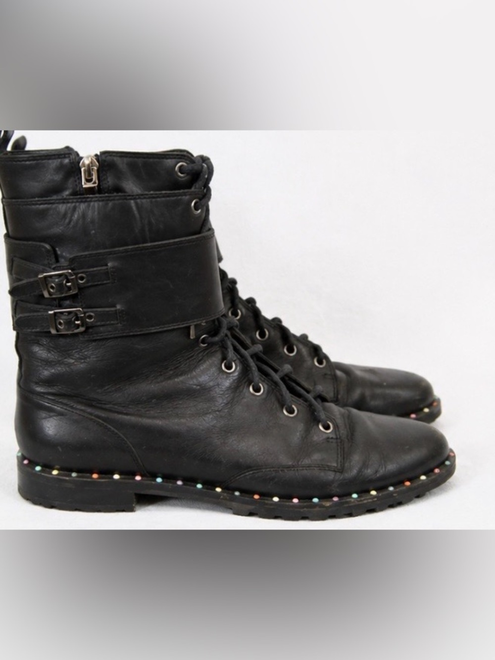 Sophia Webster Black Lace-Up Combat Boots with Multicolor Stud Accents